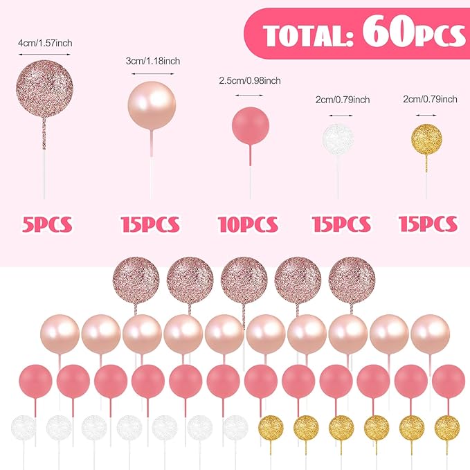 60Pcs Glitter Cake Balls Decorations Foam Cake Topper Balls Mini Balloon Cupcake Toppers for Cake Decorating Birthday Baby Shower Party (Glitter Pink Gold White)