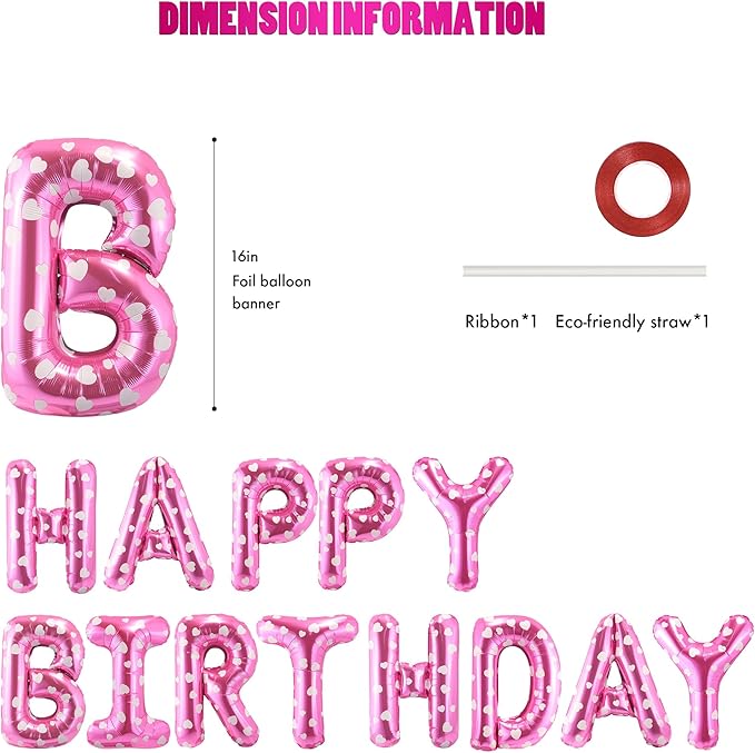 CANREVEL Happy Birthday Banner 13pcs 16 Inch Mylar Foil Letters Balloons Birthday Party Decorations for Kids and Adults - 3D Pink Heart