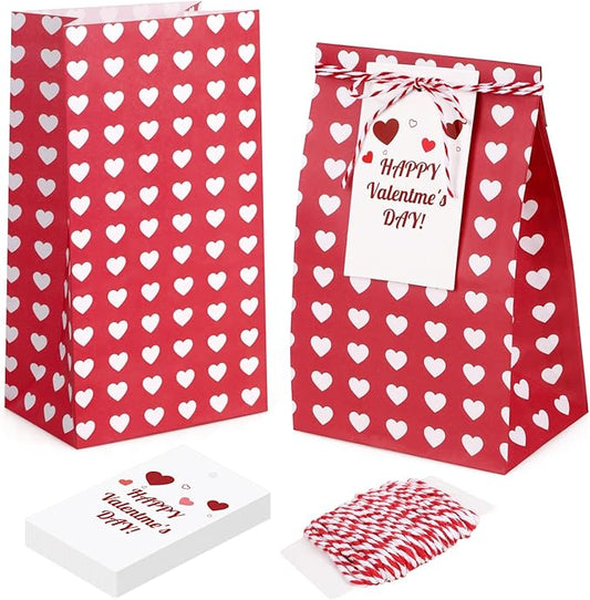 Fowecelt 24Pcs Valentines Day Gift Bags for Kids Red Party Favors Bags Goodie Snack Candy Paper Treat Bag with Cards for Valentines Party Favors Student Sclool Classroom Parties Decoration