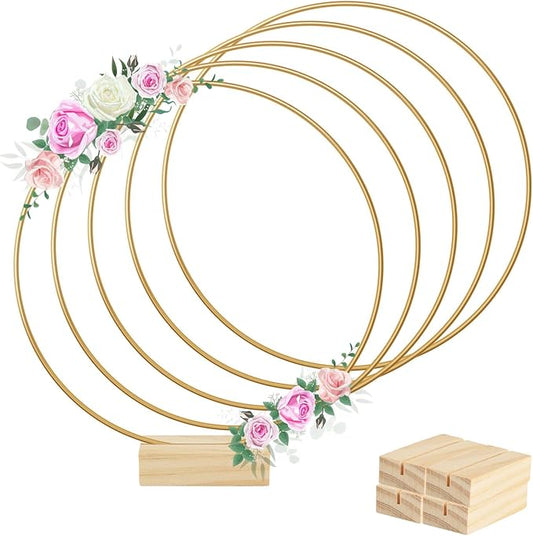 BOUBONI 5 Pcs 12 Inch Metal Floral Hoop Centerpiece with 5 Pcs Wooden Stand for Table Metal Wreath Ring Stand for Centerpiece Table Decorations Wedding Decor Wall Hanging Crafts