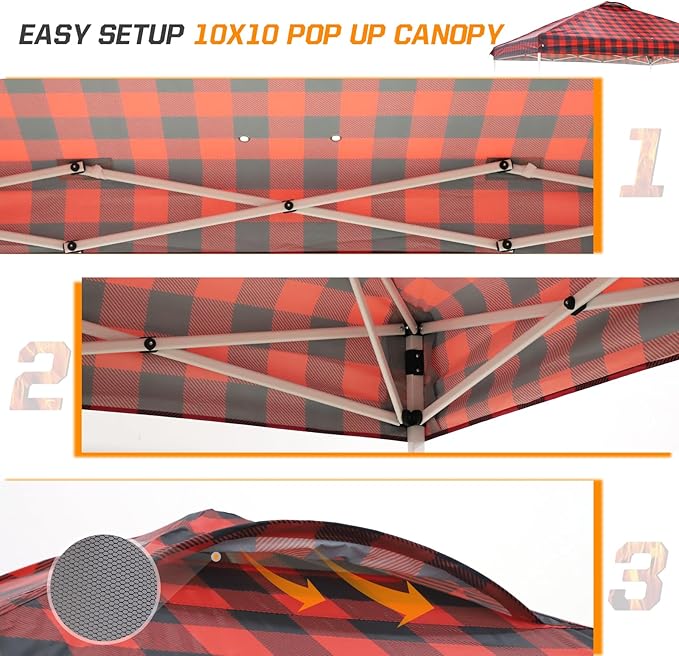 EAGLE PEAK Pop Up Canopy Tent with Wheeled Carry Bag, 8 Stakes, 4 Ropes, 4 Weight Bags, Easy Set Up Tent Canopy, 10x10 ft, 100sqft of Shade, Red Plaid