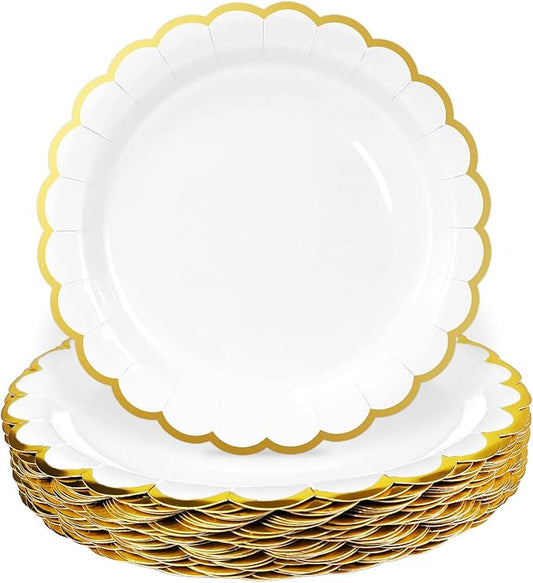 HEIPINIUYE 50 Pieces White Paper Plates with Gold Foil 9 Inch Disposable White Scalloped Dinner Plates for Wedding Baby Shower Birthday Party Dessert Plate
