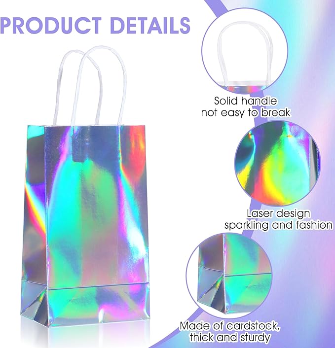 Abeillo 24 Pcs Reusable Paper Gift Bags with Handle, Iridescent Gift Bag Glossy Holographic Goodie Bag Gift Handbag Bulk for Baby Shower Christmas Birthday Party Favor, 8.3 x 4.7 x 3.1 Inch