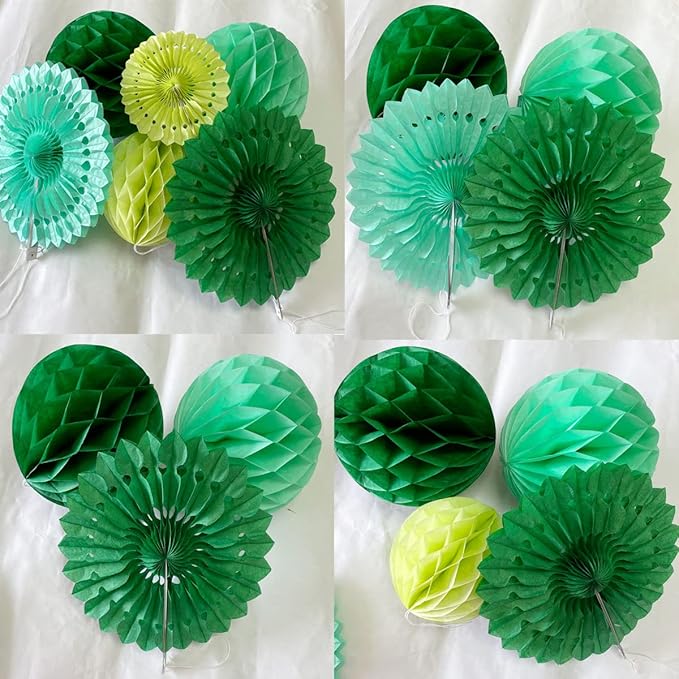 12pcs 6’’ 8’’ Honeycomb Balls Tissue Paper Fans Party Honeycomb Ball Fans Wall Decorations Tissue Pom Poms Flower Balls Hanging Paper Fans for Party Baby Shower Birthday Wedding Nursery(Green kit)