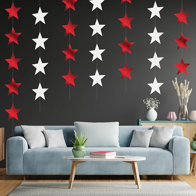 Patelai 130 Feet Glitter Star Garland Banner 2026 Party Decoration Double Side Star Hanging String Streamer Paper Twinkle for Graduation Wedding Birthday (Red and White)