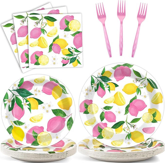 OBUSATT 96Pcs Pink Lemon Party Supplies Lemon Paper Plates Napkins Lemons Summer Party Decorations Pink Lemonade Dinnerware Party Favor Birthday Party Picnic HomeTableware Serves 24