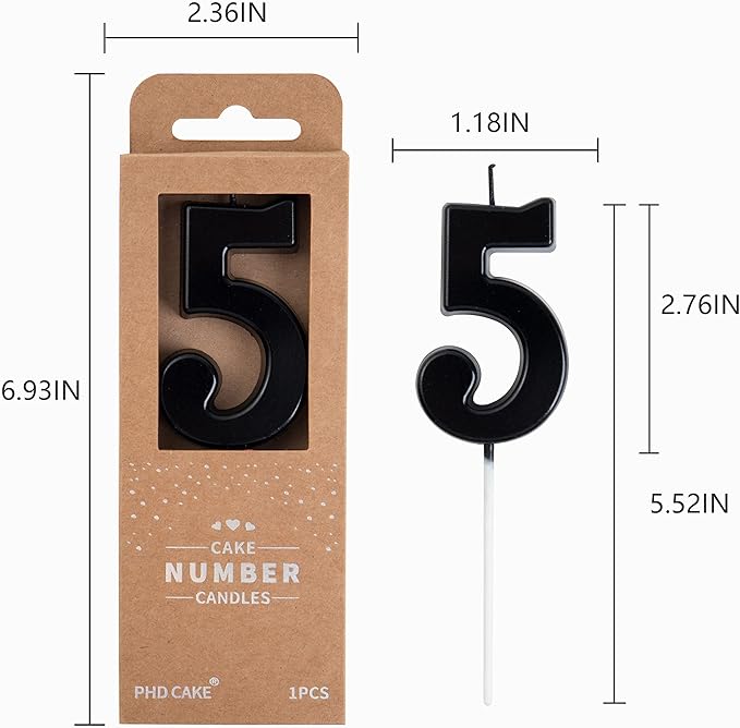 PHD CAKE 2.76 Inch Modern Black 5 Number Birthday Candles, Black Number Candles, Cake Number Candles, Party Celebration