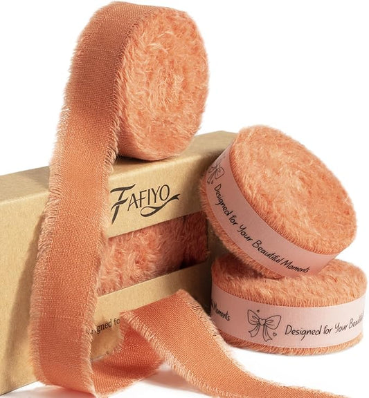 Burnt Orange Cotton Ribbon 5/8 Inch Burnt Orange 3 Rolls 21 Yards Frayed Edge Fabric Set for Wedding Decor, Bridal Bouquet Wrap, Baby Shower, Gift Wrapping, Fall Decor & Halloween Party
