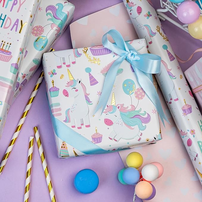 MAYPLUSS Unicorn Wrapping Paper for Girl, 17 Inch x 16.5 Feet Birthday Gift Wrap Featuring Gold Corn Reversible Heart for Princess Kids Baby Shower