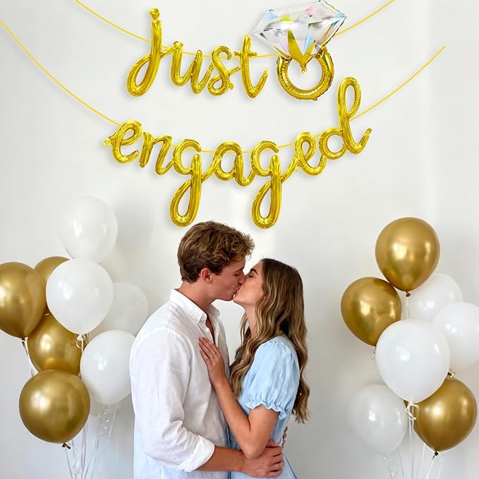 Just Engaged Gold Balloons Banner 18Inch Mylar Letter Balloons with Diamond Ring Balloon for Engagement Party Decorations Congratulations Engaged Bridal Shower Wedding Decor Proposal Decorations