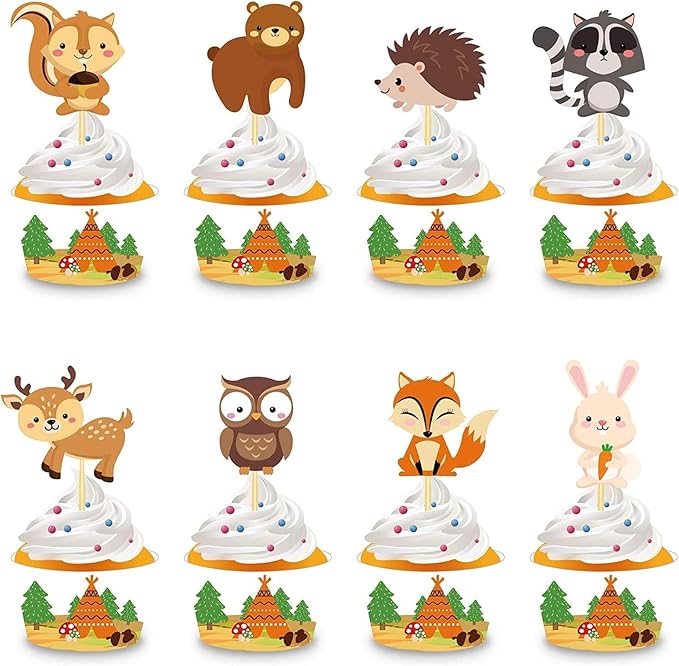24PCS Woodland Animals Creatures Cupcake Toppers Forest Animals Cake Decorations Baby Shower Birthday Party Supplies