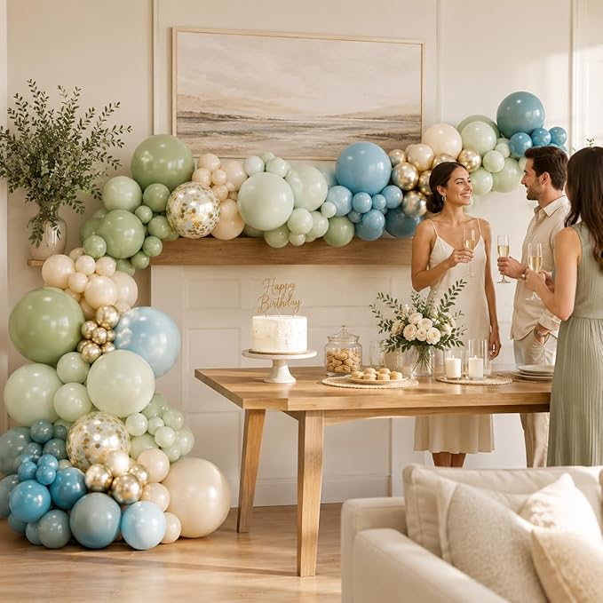 Jobkoo 122Pcs Dusty Blue Sage Green Balloon Garland Kit, Dino Green Slate Blue Beige Metallic Gold Confetti Balloon Arch Kit for Boho Birthday Woodland Safari Baby Shower Party Decorations