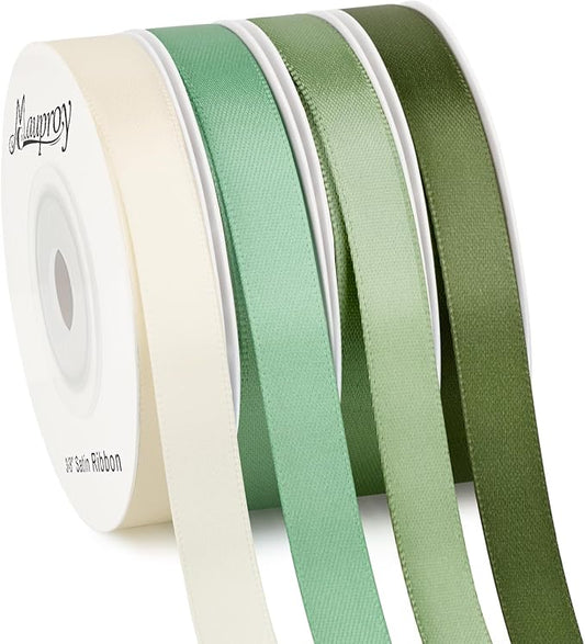 Mauproy 3/8 Inch Sage Green Satin Ribbon, 4 Rolls Total 40 Yards, Double Faced Mixed Green Thin Ribbon for Gift Wrapping, Flower Bouquets, Crafts, Wedding Decorations
