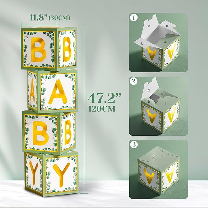 Sage Green Neutral Baby Shower All In One Set - 4 Balloon Boxes, 12 Tableware Sets with Disposable Plates, "OH BABY" Balloons, Tablecloth & Cake Toppers