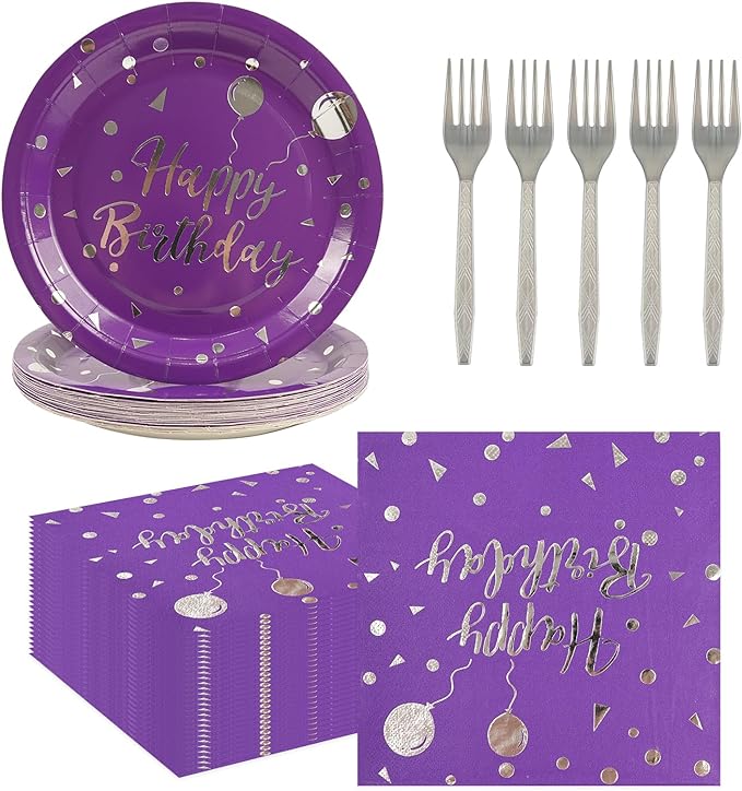 75PCS Happy Birthday Paper Plates and Napkins Set-Disposable Purple and Sliver 7IN Party Dessert Plates 6.5IN Napkins Gold Forks Tableware Set for Birthday Wedding Graduation Party Decoration Serve 25