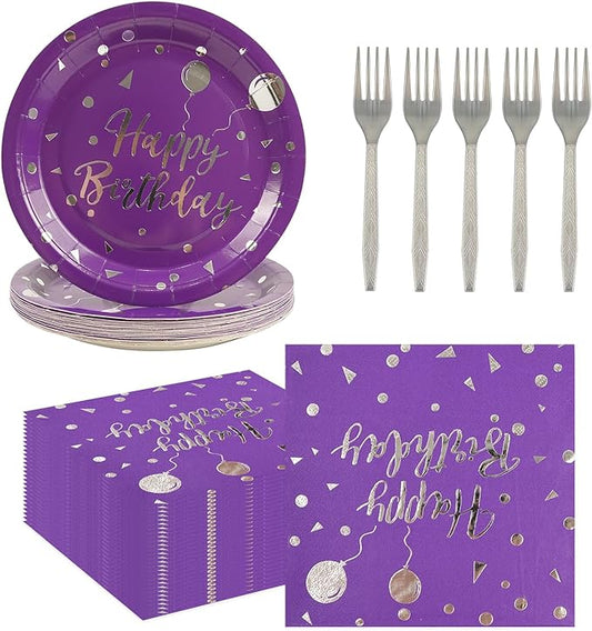 75PCS Happy Birthday Paper Plates and Napkins Set-Disposable Purple and Sliver 7IN Party Dessert Plates 6.5IN Napkins Gold Forks Tableware Set for Birthday Wedding Graduation Party Decoration Serve 25