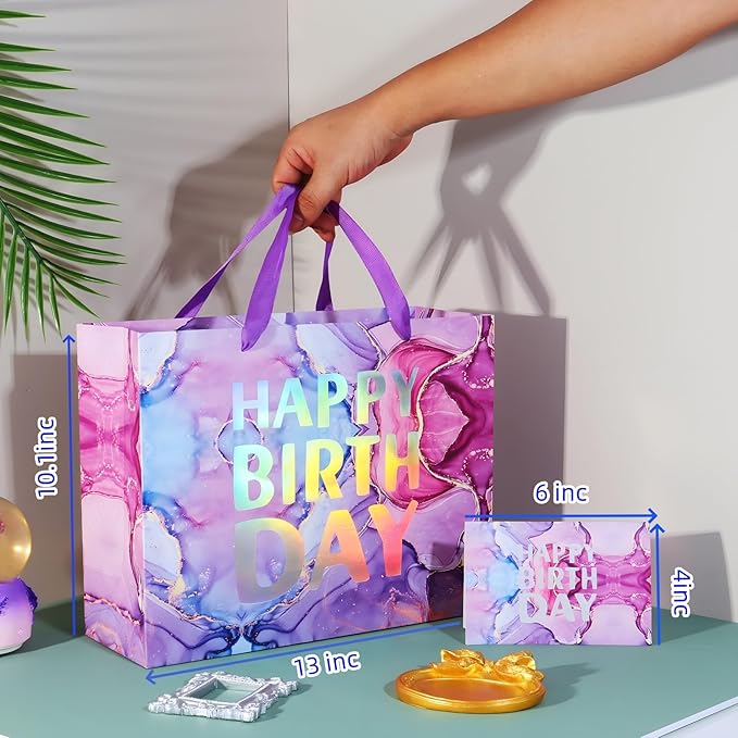 PARNOG 13" Large Happy Birthday Gift Bag with Tissue Paper and Card for Girls Kids Women Birthday（2PCS）