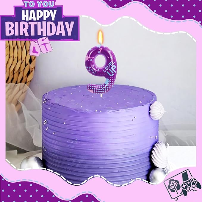 STG Birthday Candles for Boys - Number 9 Candle for Video Game Birthday Cake Topper, Fort Battle Level Up Sandbox Games Birthday Party Supplies (Purple)