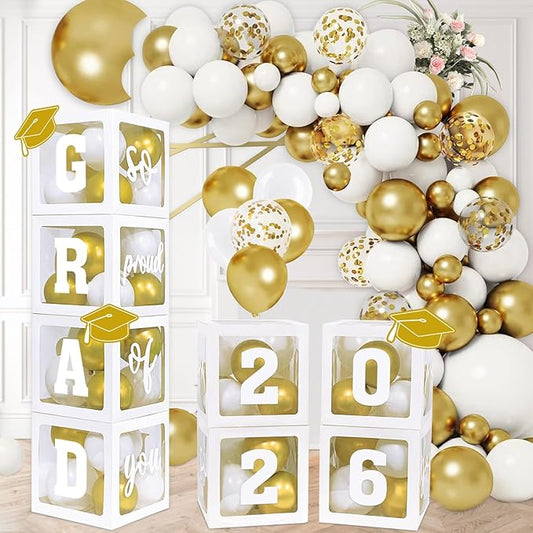 DAZONGE 2026 Graduation Party Decorations - Set of 4 Graduation Boxes with 139pcs Balloons Arch Garland Kit & 4 Light Strings - So Proud of You Class of 2026 Decorations for Any Grades