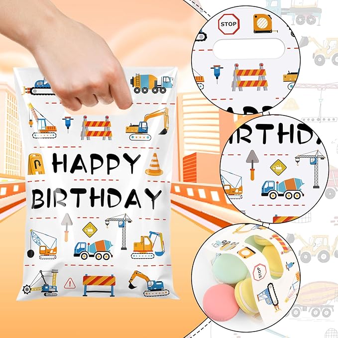 Hxezoc 50 Pieces Construction Gift Bags with Handle, Plastic Treat Candy Bag Construction Vehicle Favor Bag for Boys Kids Birthday Party Decoration Supplies