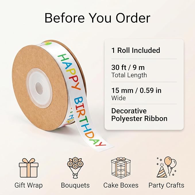 Happy Birthday Ribbon Roll for Gift Wrapping, 15 mm x 30 ft White Printed Birthday Gift Ribbon for Crafts, Party Decorations, Bouquets, Bows and Cake Table Accents