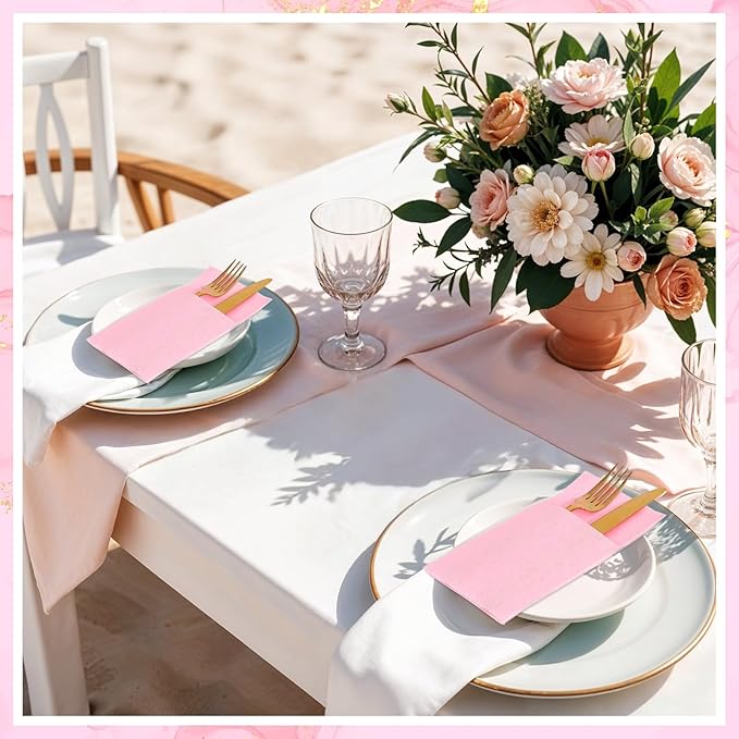 120 Pcs Pink Linen-Feel Paper Napkins with Built-in Flatware Pocket, Pocket Linen Napkin Prefolded Cloth Like Paper Napkins Bulk for Girls Birthday Baby Bridal Shower Tea Party Wedding