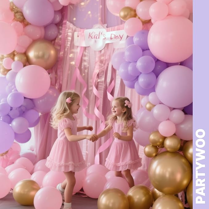 PartyWoo Pink Purple and Gold Balloons 66pcs 12 Inch Baby Pastel Light Pale Pink Purple Metallic Gold Balloons for Graduation Baby Shower Birthday Butterfly Anniversary Princess Party Decorations