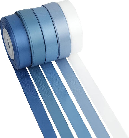 Dusty Blue Satin Ribbon, 1/2 Inch x 50 Yards, 5-Roll Assortment, Thin Double Face Satin for Gift Wrapping, Wedding Invitations, Bouquet Tying, Bows, DIY Crafts