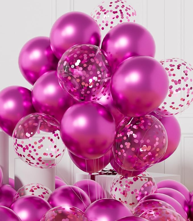 AULE Party Balloons Pack of 42 - Metallic Chrome Hot Pink Balloons and Hot Pink Confetti Latex Helium Balloons With 64ft Ribbons - 12 Inch Balloon Decoration Set