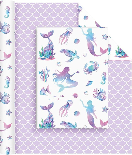 WERNNSAI Mermaid Wrapping Paper - 1 Roll 17”x 33 ft Colorful Mermaid Scale Gift Wrap Purple Princess Gift Wrapping for Girls Birthday Baby Shower Party Favor Reversible Iridescent Scales Design