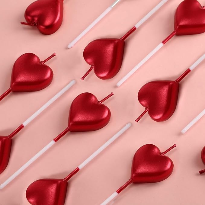 BBTO Metallic Heart Birthday Cake Candles Cupcake Topper Candles Cake Dessert Holders for Wedding, Anniversary, Romantic Night, Mother's Day, Party Decoration(10,Red)
