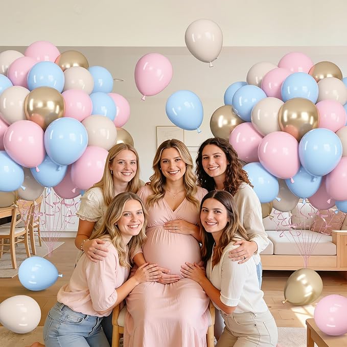Ouddy Life 71pcs Gender Reveal Balloons Set, 12 inch Pastel Pink Blue Sand White Metallic Champagne Gold Latex Balloons for Boys Girls Baby Shower Gender Reveal Birthday Wedding Party Decorations