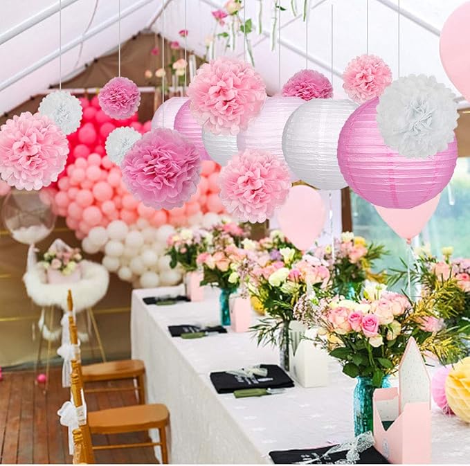 15Pcs Party Pack Paper Lanterns and Pom Pom Balls Hanging Decoration for Wedding Birthday Baby Shower-Pink/White