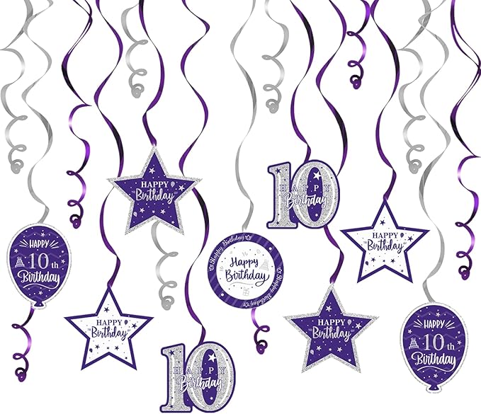Happy 10th Birthday Purple & Silver Glitter Swirls Streamers Party Decorations - 15 Pcs 10th Birthday Hanging Swirls Streamers Kit,Cheers to Ten Years Old Bday Party Sign.