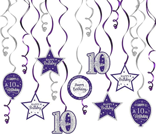 Happy 10th Birthday Purple & Silver Glitter Swirls Streamers Party Decorations - 15 Pcs 10th Birthday Hanging Swirls Streamers Kit,Cheers to Ten Years Old Bday Party Sign.