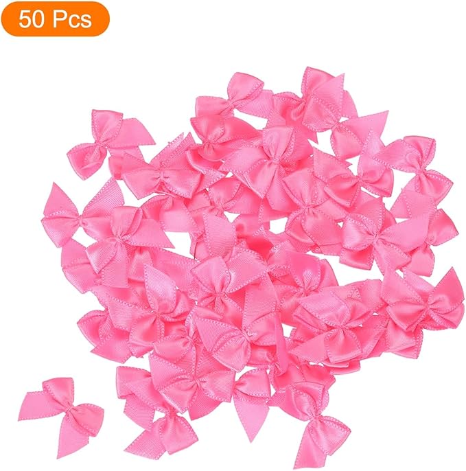 MECCANIXITY 50 Pcs Mini Ribbon Bow 1" Mini Fabric Satin Ribbon Flower Bows for Craft DIY Sewing Wedding Birthday Party Gift Wrap Bows Light Rose Red