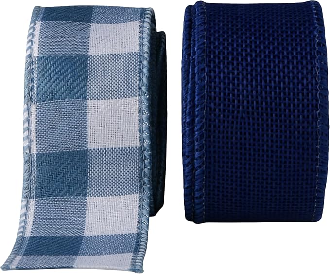 Meseey 1.5 Inch Burlap Wired Ribbon Set, 2 Rolls Total 10 Yards Solid Navy Blue & Blue White Buffalo Check Wired Edge Ribbon for Wreaths, Bows, Gift Wrapping, Farmhouse & Patriotic Decor