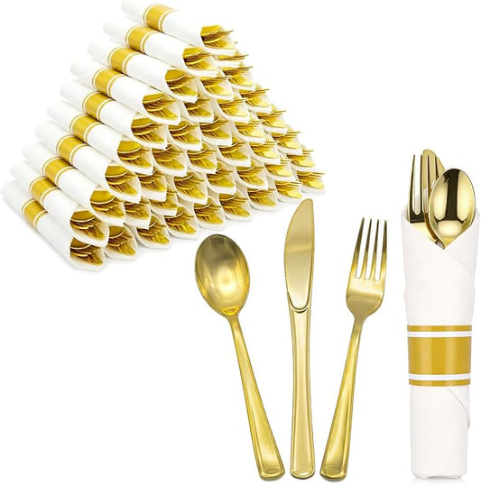 Gold Plastic Silverware 50 Guests,Pre Rolled Silverware Set Wrapped Plastic Cutlery Set Include 50 Forks,50 Knives,50 Spoons and 50 Napkins Heavy Duty Disposable Utensils for Party