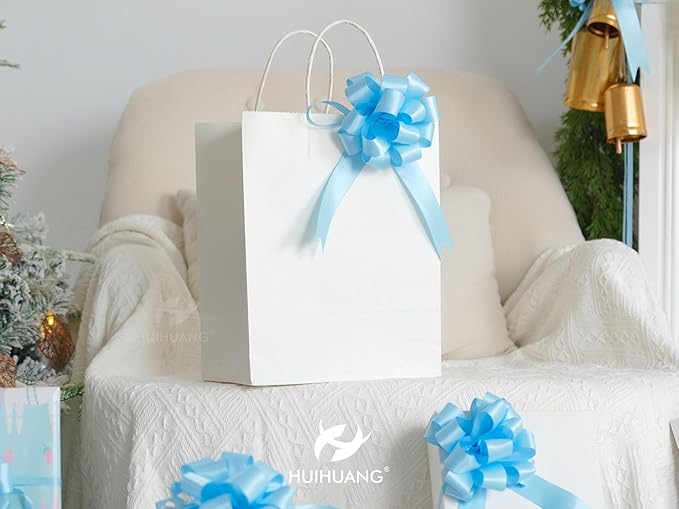 HUIHUANG Blue Bows for Gift Wrapping 12 PCS Baby Blue Pull Bows 4 inch Satin Gift Bow for Presents, Gift Basket, Paper Bag, Baby Shower Favors, Wrapping Accessories, Wedding Holiday Decor