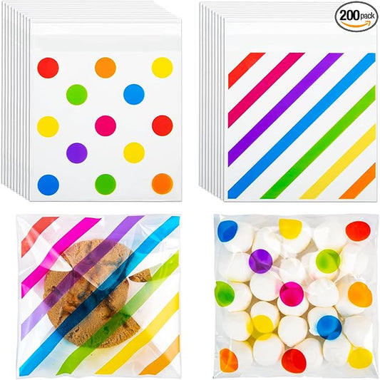 200pcs Cellophane Bags 5.5x5.5 Self Sealing Cookie Bags for Packaging Rainbow Cellophane Treat Bag for Gift Giving Packaging Valentines Birthday Party Favor Candy Goodie Homemade Bakery