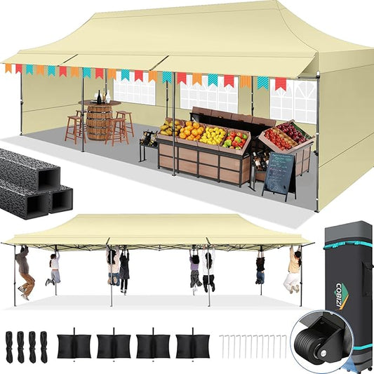 COBIZI 10X30 Pop Up Canopy Tent Heavy Duty with Sidewalls, Outdoor Commercial Canopy with Awning, Waterproof&69 SF Extended Awning, Vendor Tent for Market, Party Events, Khaki