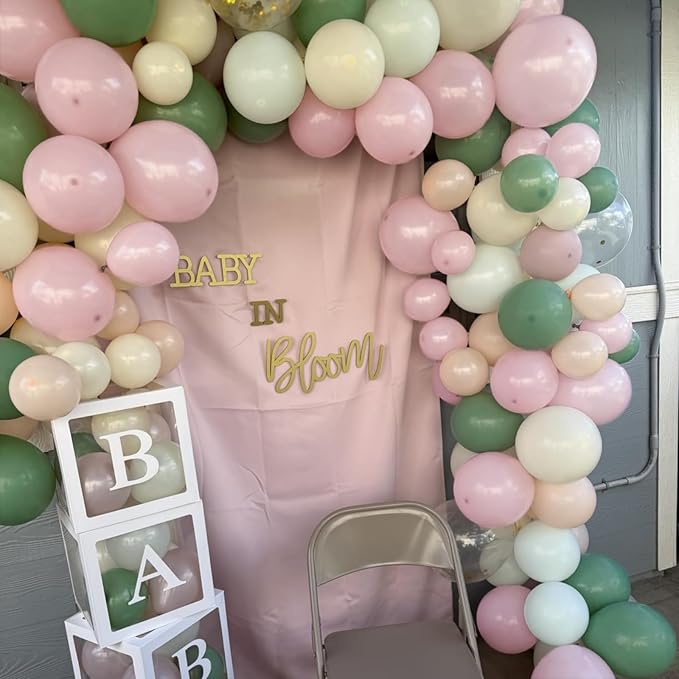 Sage Green and Pink Balloons, Dusty Green Pastel Pale Pink Light Orange Ivory White Metallic Gold Balloon with Confetti Balloon for Boho Birthday Party Baby in Bloom Flower Baby Shower Tea Decorations