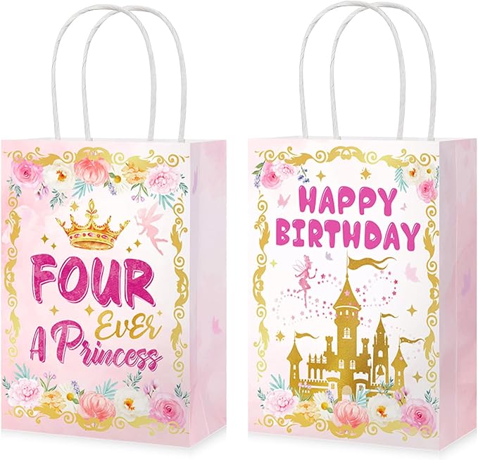 Grencian 16Pcs Princess Birthday Party Bags Four Ever a Princess Candy Treat Gift Bags Princess 4th Party Favor Decorations for Girls Princess Themed Birthday Supplies