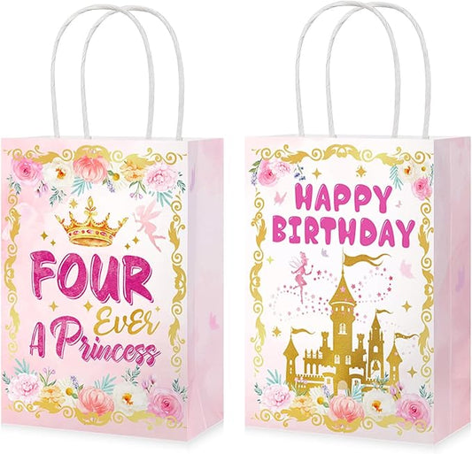 Grencian 16Pcs Princess Birthday Party Bags Four Ever a Princess Candy Treat Gift Bags Princess 4th Party Favor Decorations for Girls Princess Themed Birthday Supplies