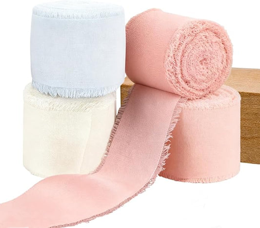 Chiffon Ribbon,1.5 inch x 21 Yards 4 Rolls Pink Handmade Fringe Edges Chiffon Ribbon for Gift Wrapping Wedding Invitations Bridal Bouquets Crafts Home Decor (Pink)