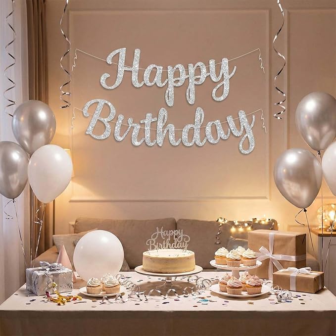 Glitter Happy Birthday Banner Sign, Reusable Birthday Party Garland Decorations, DIY Cake Day Celebration Banners Party Supplies for Women, Men, Boys, Girls (Silver)