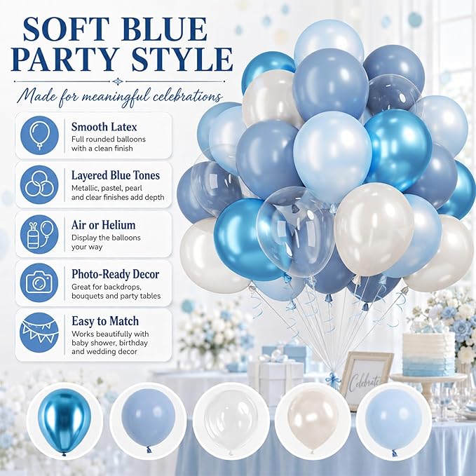 Blue Balloons, 60Pcs Pearl White and Blue Balloon, 12 Inch Latex Double Stuff Pearl Blue Balloons for Boy Baby Shower Birthday Party Gender Reveal Wedding Anniversary Graduation Party Decorations