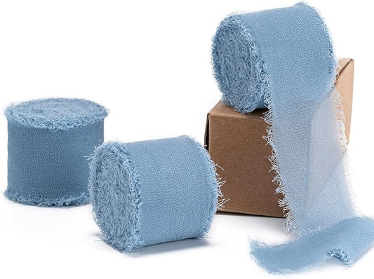 Husfunov Dusty Blue Handmade Chiffon Ribbon,1.5Inch x 3 Rolls Total 24 Yards Dusty Blue Fringe Chiffon Silk Ribbon,for Wrapping Wedding Invitations,Bridal Bouquets,DIY Crafts,Home Decor and More