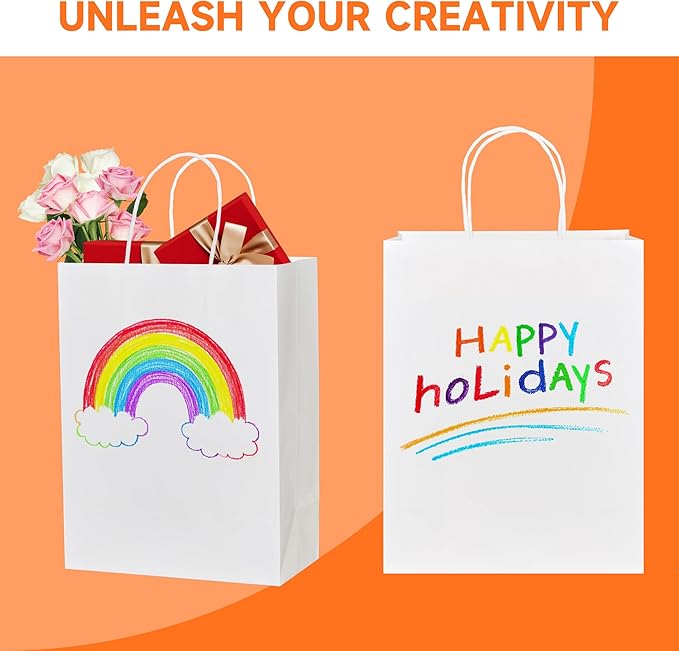 METAPRINT 100 Pack Paper Gift Bags with Handles in Bulk, 5.8x3.2x8.25 Inch Small White Kraft Paper Bag for Birthday Party Favors Grocery Retail Shopping Business Goody