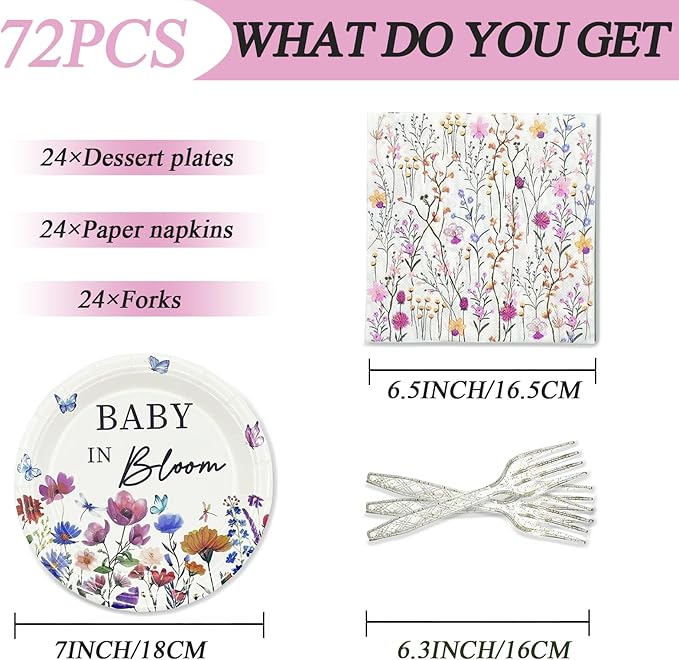 72PCS Baby in Bloom Paper Plates and Napkins - 7 Inch Paper Plates and 6.5 Inch Napkins with 6.3 Inch Forks Disposable Tableware Set for Baby Shower Party Decorations